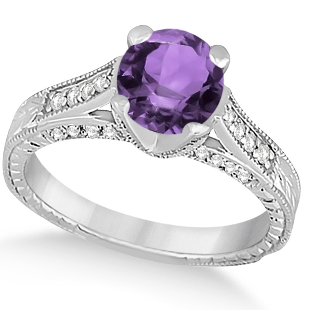 Diamond Amethyst Engagement Rings
 Diamond & Amethyst Antique Engagement Ring 14k White Gold