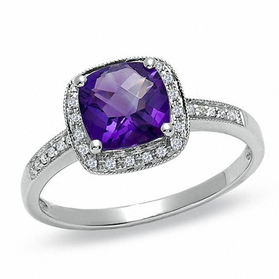 Diamond Amethyst Engagement Rings
 Cushion Cut Amethyst and Diamond Accent Engagement Ring in