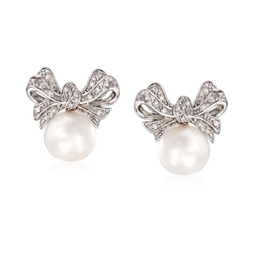 Diamond Bow Earrings
 Cultured Pearl and 10 ct t w Diamond Bow Earrings in