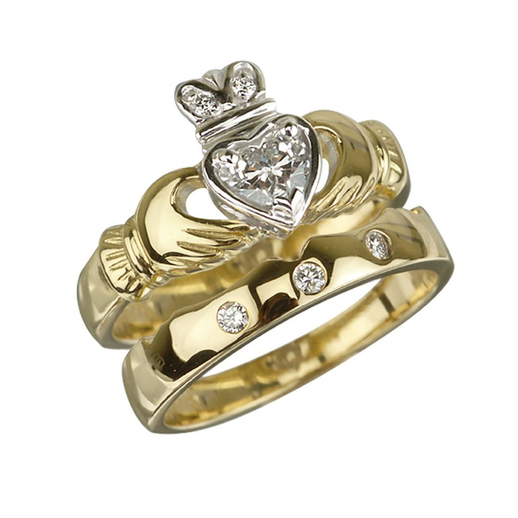 Diamond Claddagh Wedding Ring Sets
 18K Gold Diamond Claddagh Engagement Ring Bridal Set
