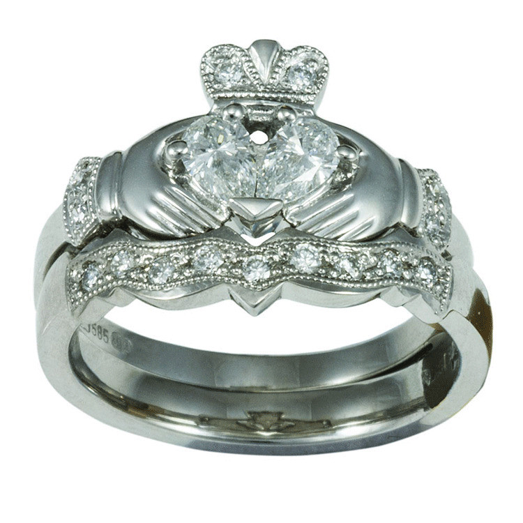 Diamond Claddagh Wedding Ring Sets
 14k White Gold Claddagh Diamond Engagement Ring & Wedding