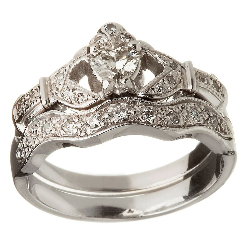 Diamond Claddagh Wedding Ring Sets
 14k White Gold Diamond Set Heart Claddagh Ring & Wedding