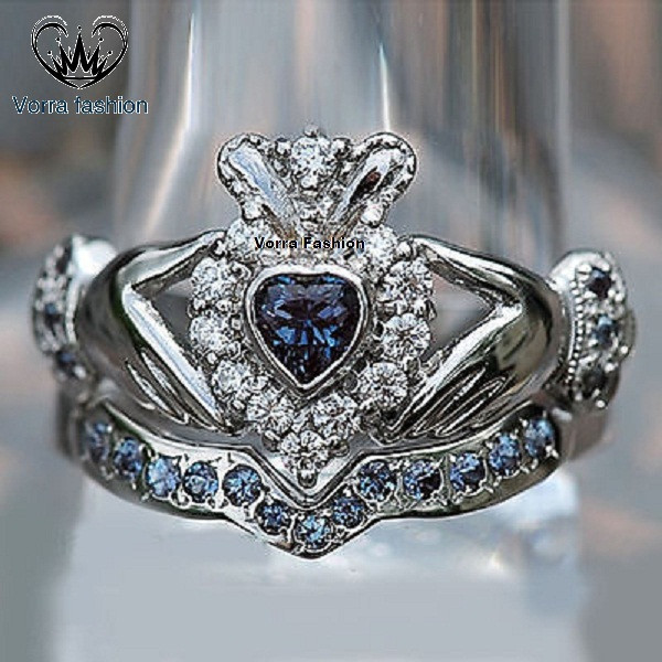 Diamond Claddagh Wedding Ring Sets
 Heart Shape Sapphire & Diamond White Gold Fn 925 Silver