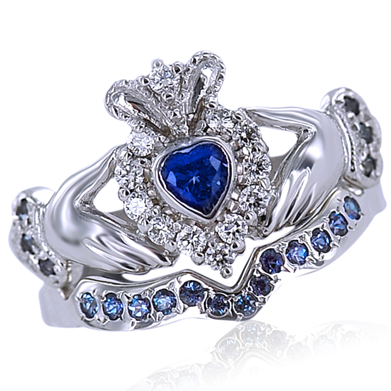 Diamond Claddagh Wedding Ring Sets
 Heart Shape Sapphire and Natural Diamond Bridal Set
