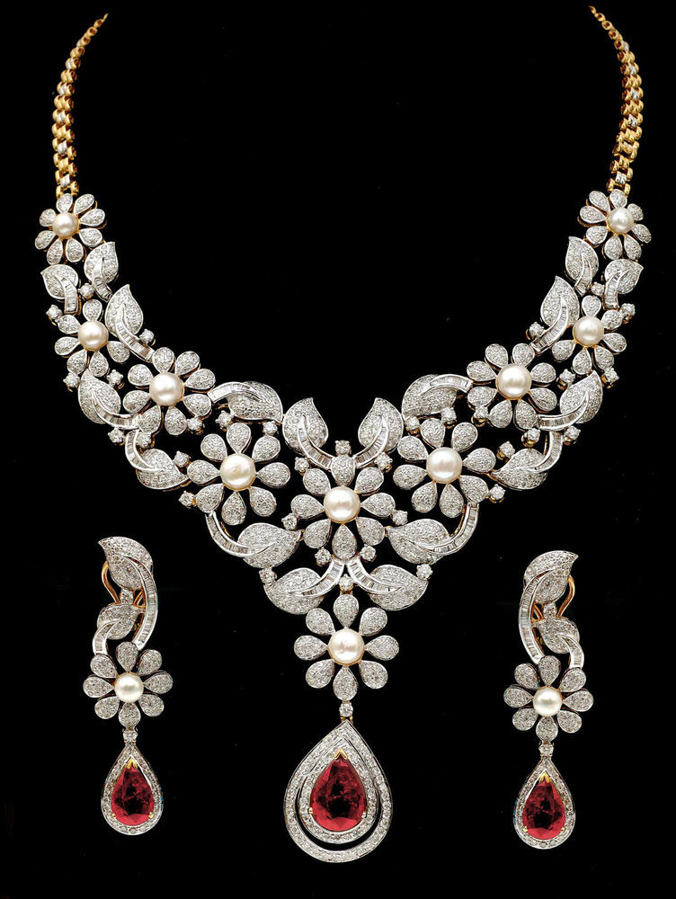 Diamond Necklace Sets
 Fine Party Bridal Wear Necklace Earrings Set With Ruby