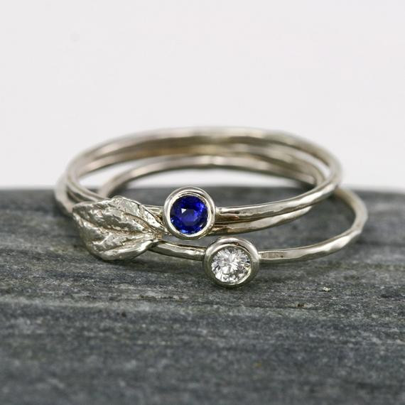 Diamond Stackable Rings
 Sapphire Diamond and Leaf Stackable Rings by