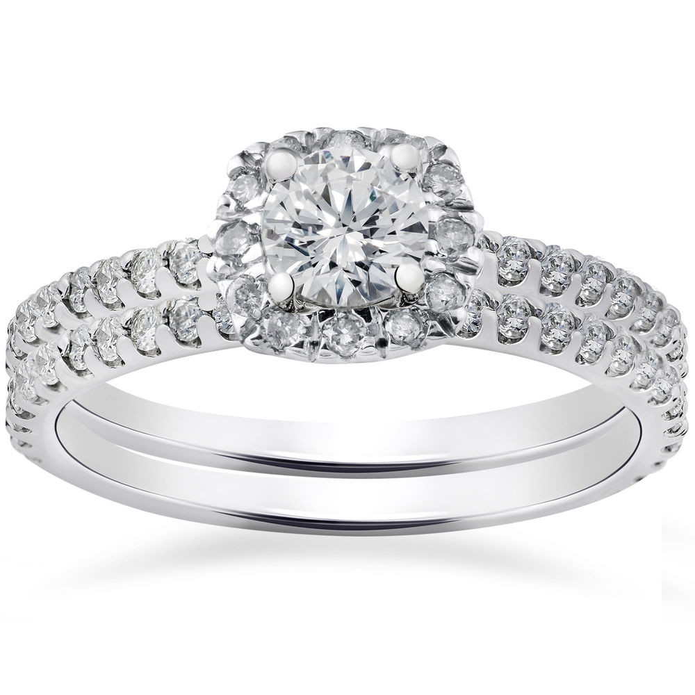 Diamond Wedding Rings Sets
 7 8ct Cushion Halo Diamond Engagement Ring Set 14K White