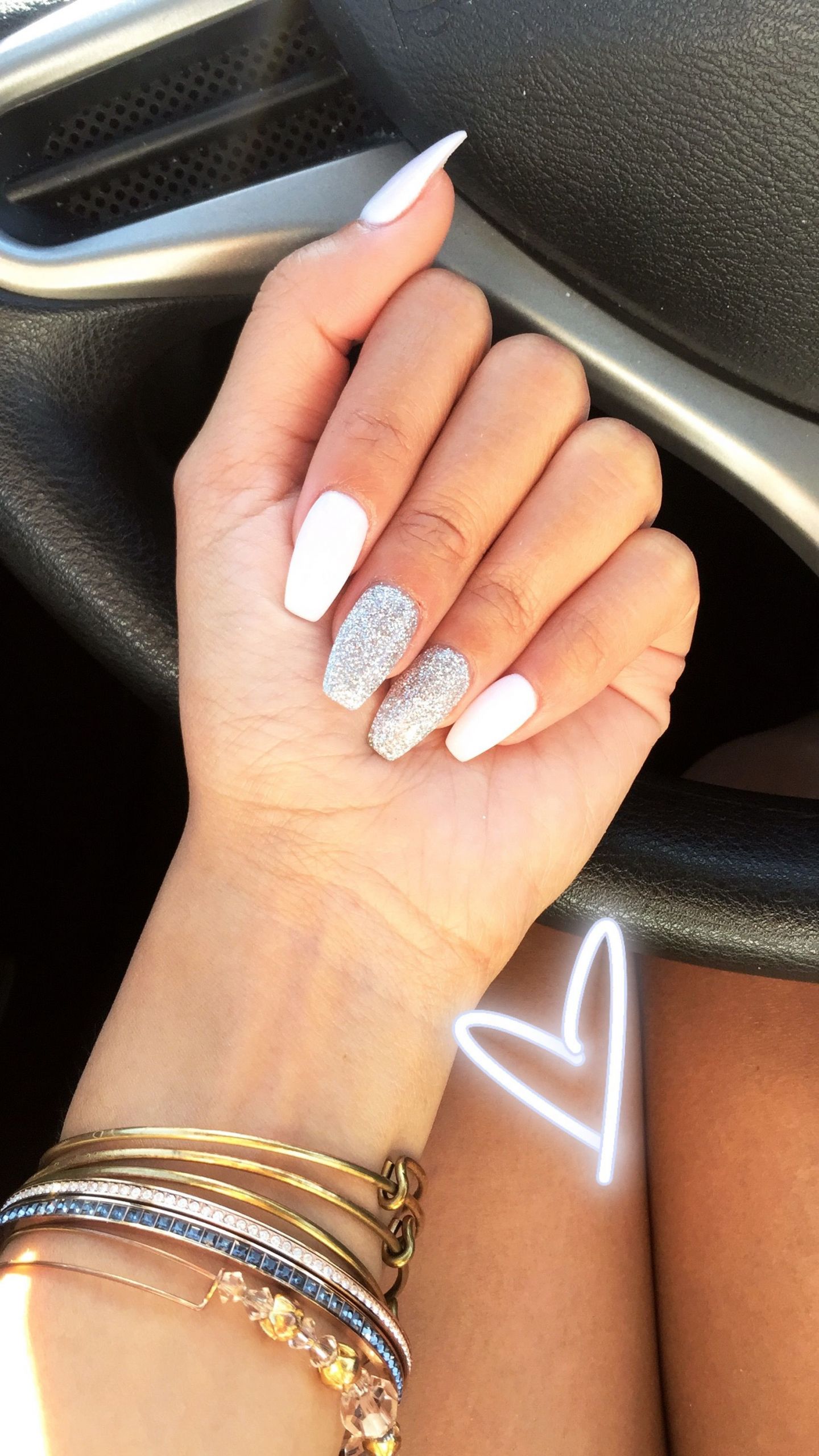 Dip Glitter Nails
 white and glitter coffin dip powder acrylic nails in 2019