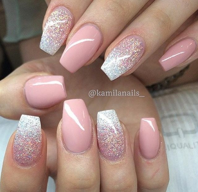Dip Glitter Nails
 Blushing pink glitter short coffin nails