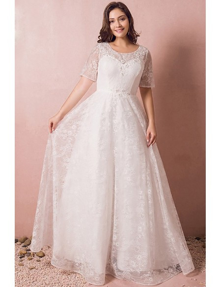 Discount Plus Size Wedding Dresses
 Modest Lace Short Sleeve Plus Size Wedding Dress With