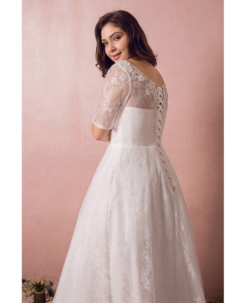 Discount Plus Size Wedding Dresses
 Modest Lace Short Sleeve Plus Size Wedding Dress With
