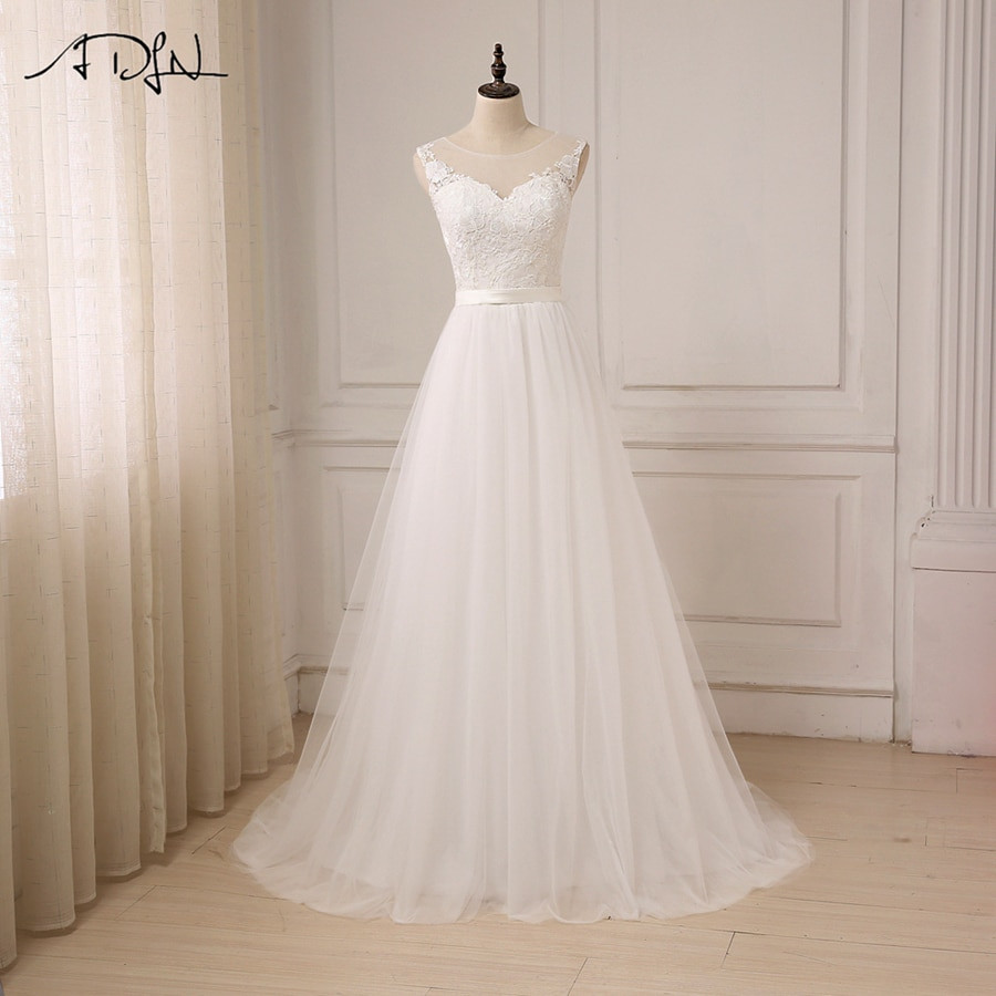 Discount Wedding Dress
 ADLN Cheap Lace Wedding Dress O Neck Tulle Boho Beach