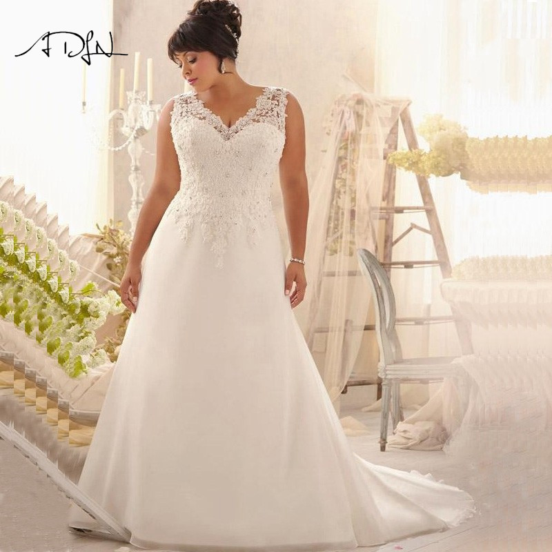 Discount Wedding Dress
 Cheap Plus Size Wedding Dresses V neck Appliqued Beaded