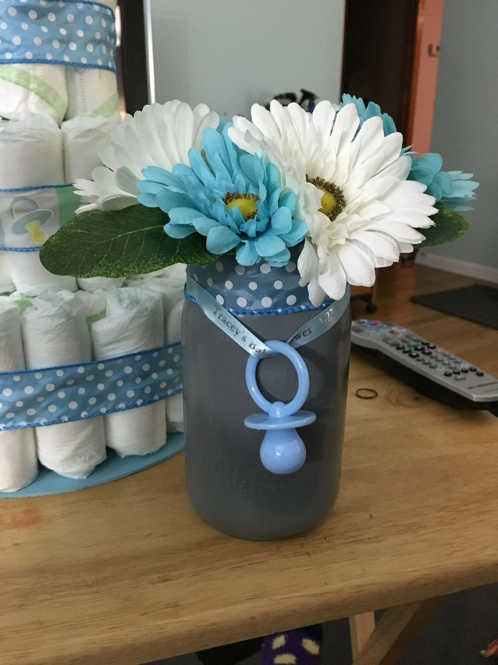 Diy Baby Shower Centerpieces For Boy
 Finished mason jar centerpiece for boy baby shower