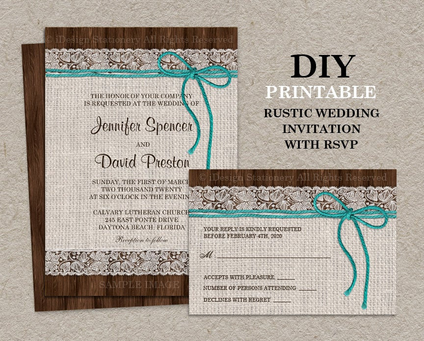 Diy Country Wedding Invitations
 Printable Rustic Wedding Invitation With RSVP Card Burlap
