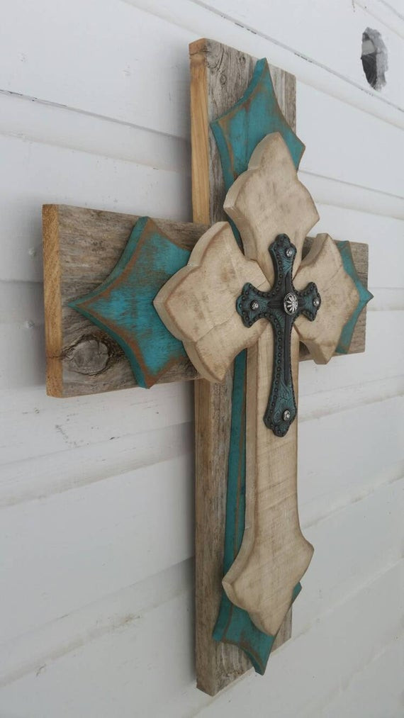 DIY Cross Decor
 Turquoise Ivory Distressed Reclaimed Wood by dontthrowthataway