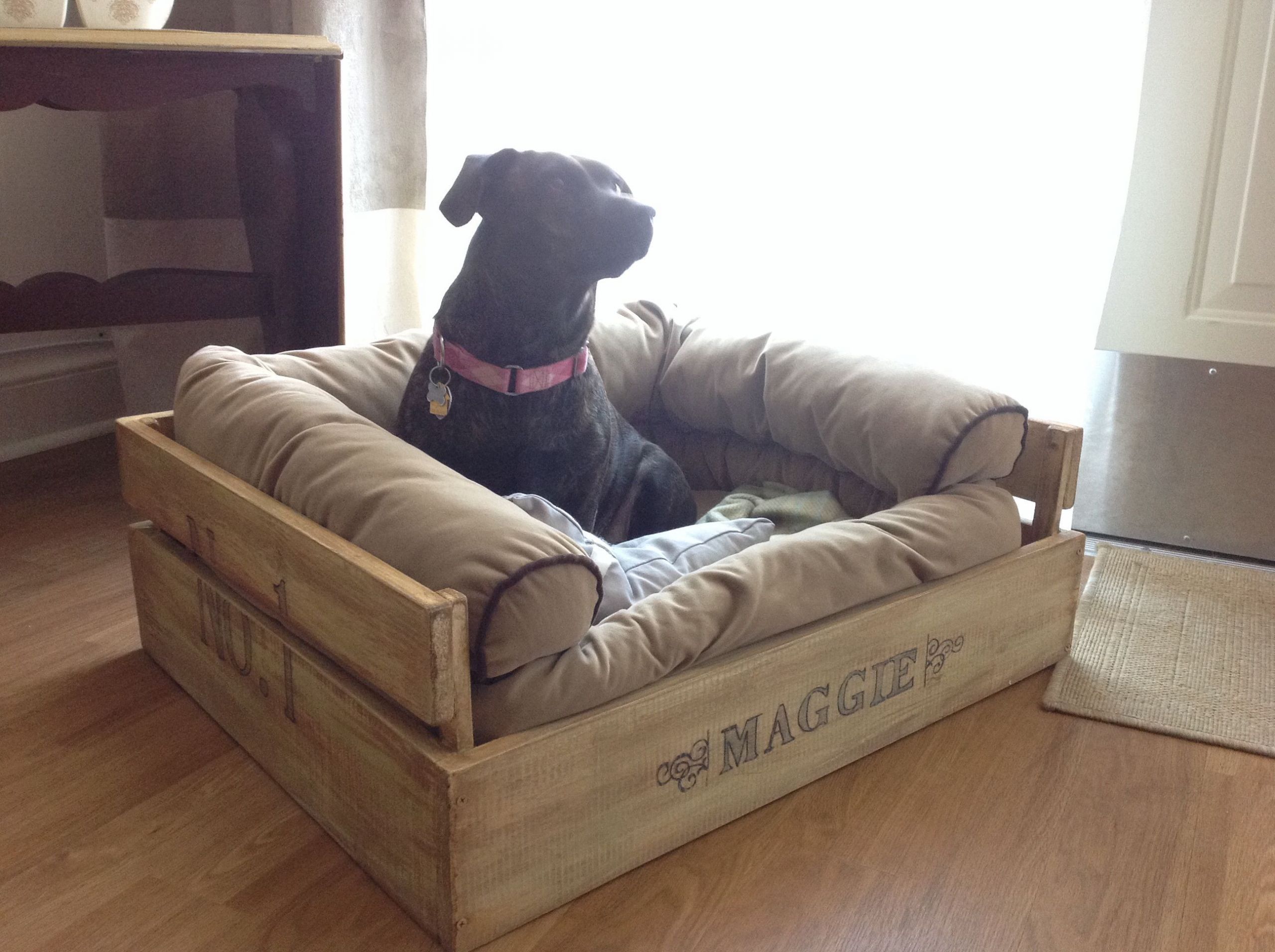DIY Dog Crate Bed
 DIY fy crate dog bed Just write the name on with a