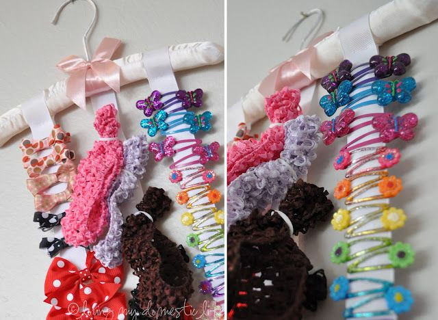 DIY Hair Product Organizer
 Hair bow organizer made from a hanger and ribbons