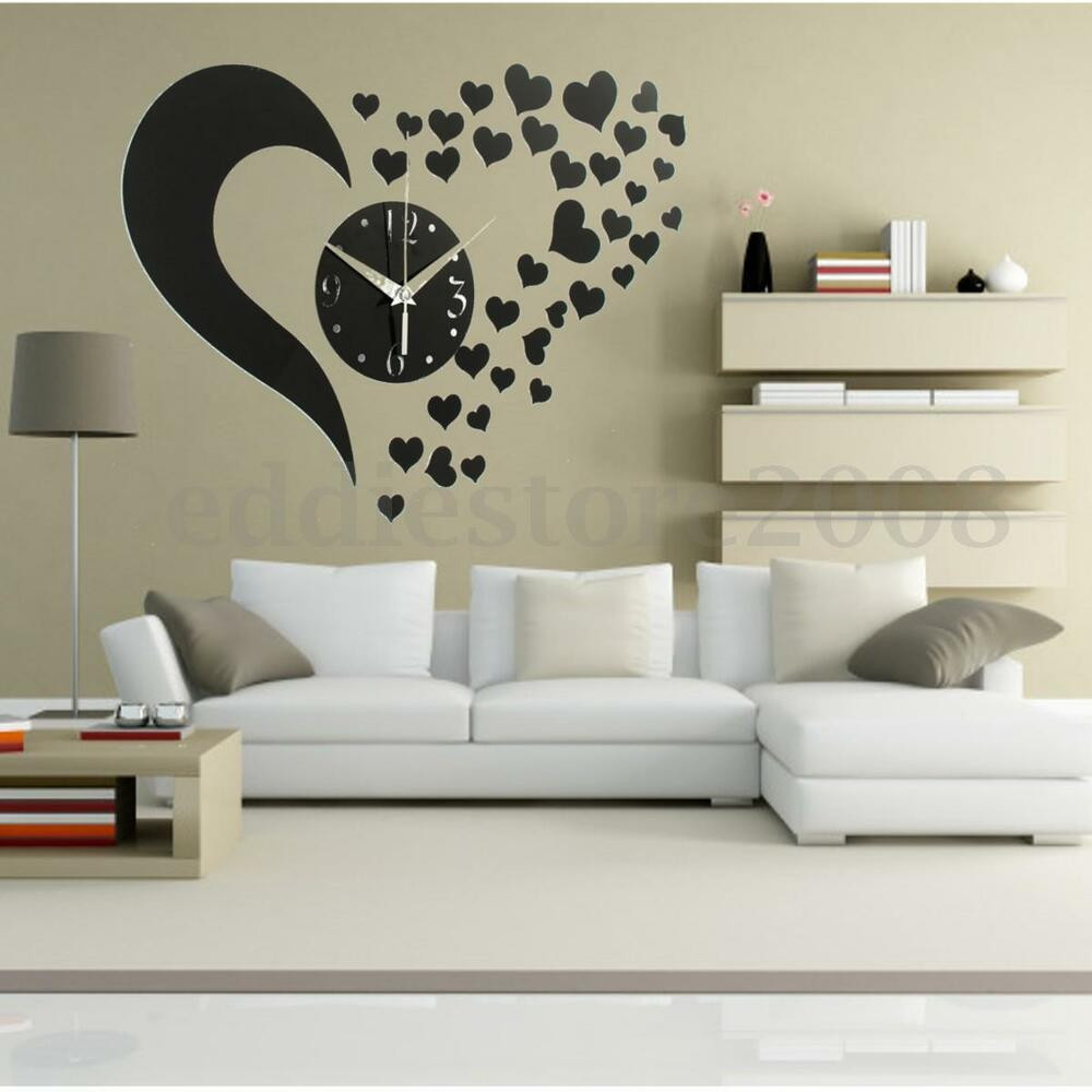 DIY Living Room Wall Decor
 DIY 3D Black Love Sticker Home Modern Mirror Wall Clock