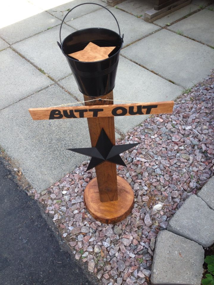 DIY Outdoor Ashtrays
 DIY cigarette butt out post Scrap wood a bucket a star