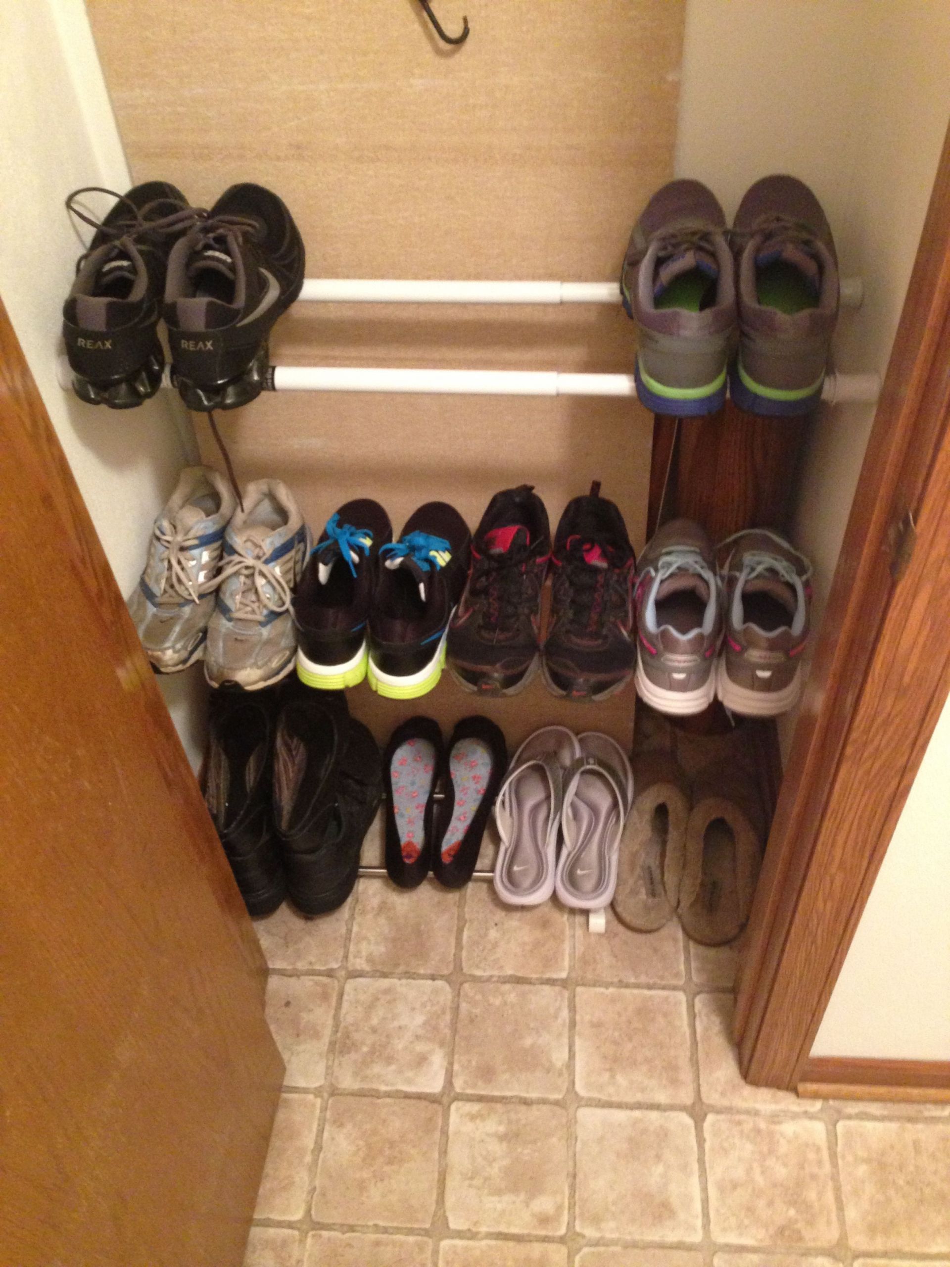 DIY Shoe Rack For Small Closet
 Tension rods as a shoe rack Works amazing in 2019