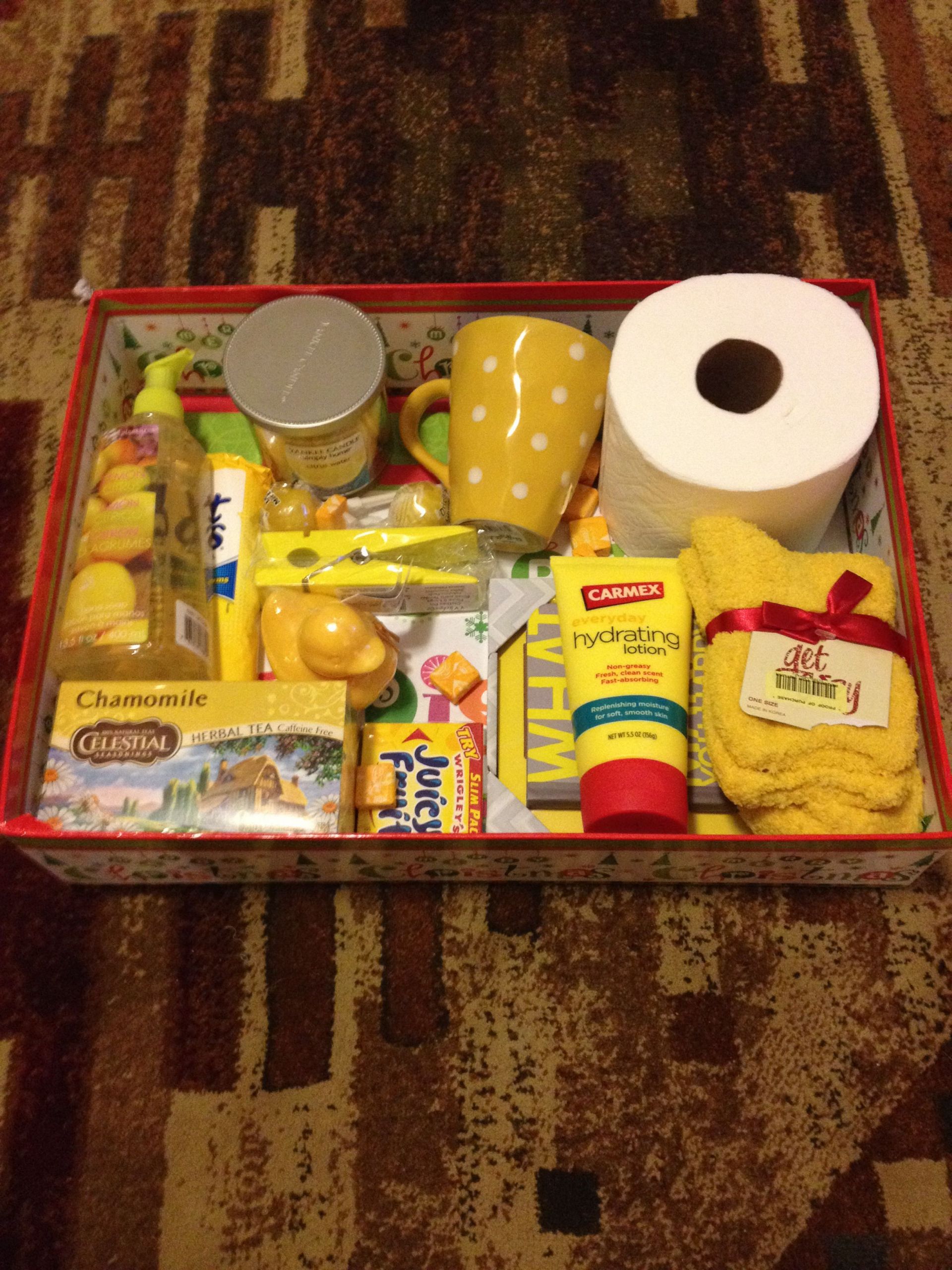 DIY Sympathy Gifts
 Box of Sunshine love the soap and dish towel idea