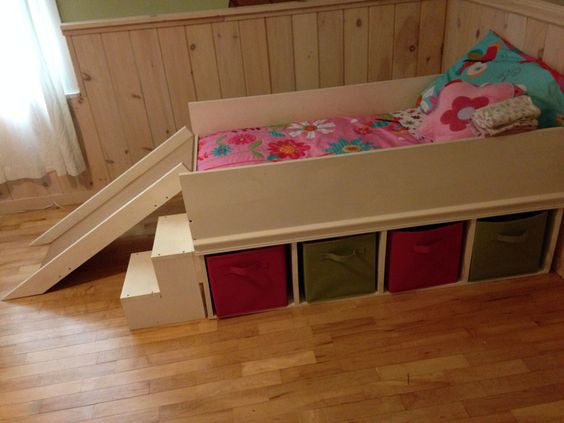 DIY Toddler Platform Bed
 DIY toddler bed with small slide and toy storage