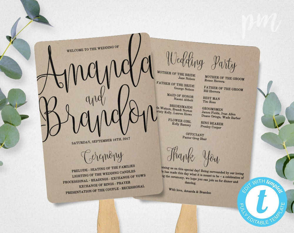 DIY Wedding Fan Programs
 Wedding Program Fan Template Calligraphy Script Printable