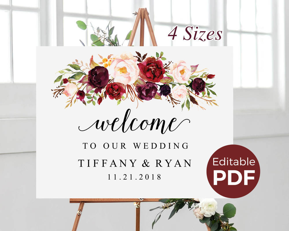 DIY Wedding Sign Templates
 Marsala Wedding Wel e Sign Editable PDF Template Boho