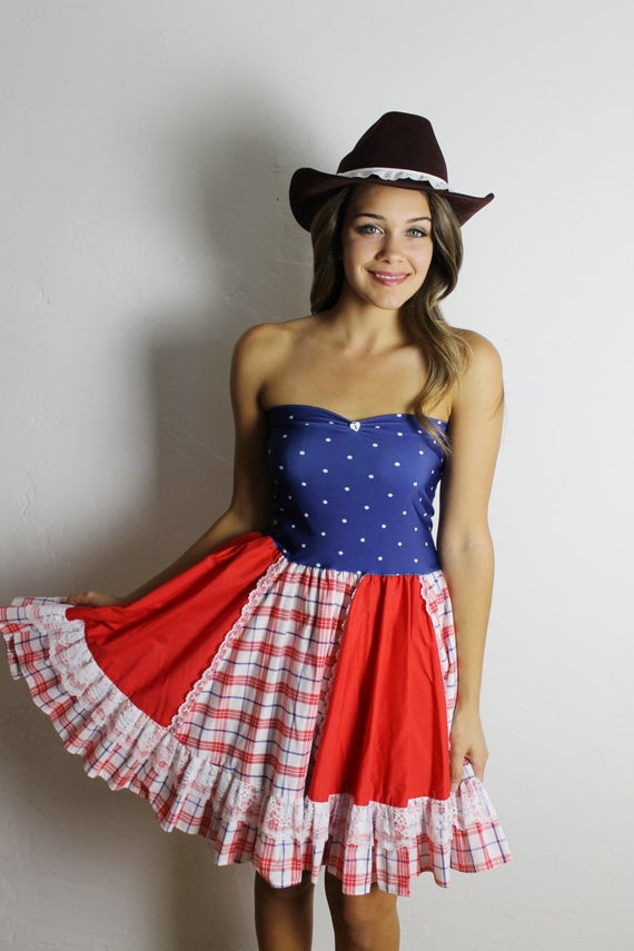 DIY Western Costume
 COW GIRL Country Diy Red White Blue RUFFLE Baby Doll Dress Bow