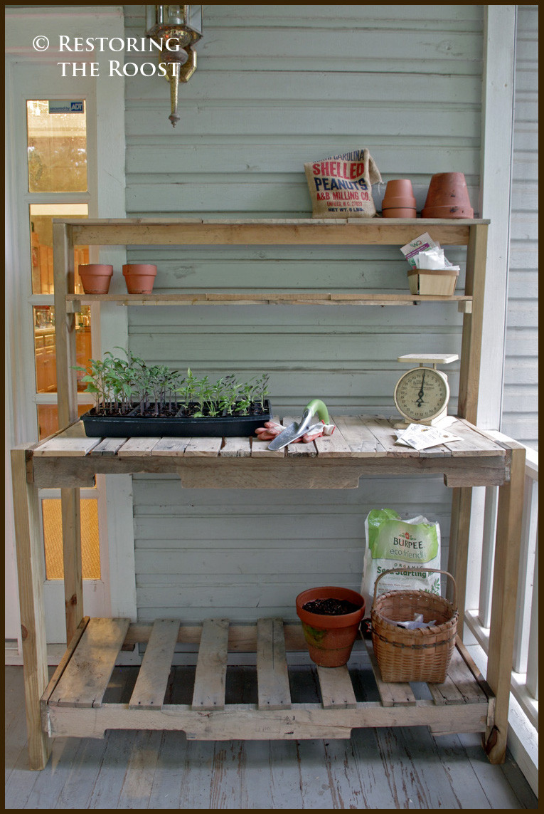 DIY With Wooden Pallets
 Restoring the Roost DIY Wood Pallet Potting Bench