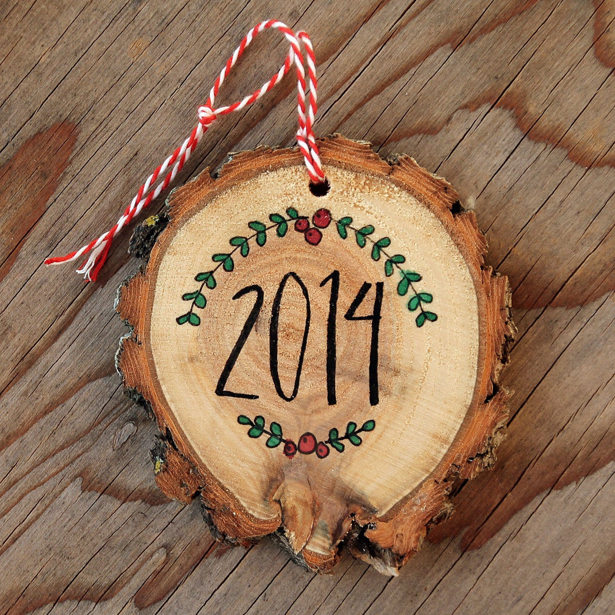 DIY Wood Christmas Decorations
 Natural Wood Slice 2014 Christmas Ornament Hand Lettered