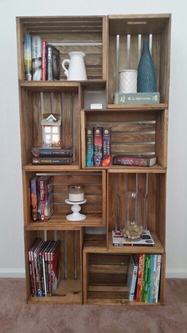 DIY Wood Crate Bookshelf
 My crate bookshelf Stained with Early American by Minwax