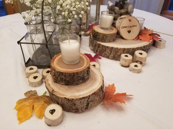 DIY Wood Slab Centerpieces
 Wood Slabs Thick Wood Disks Wood Slab Centerpiece