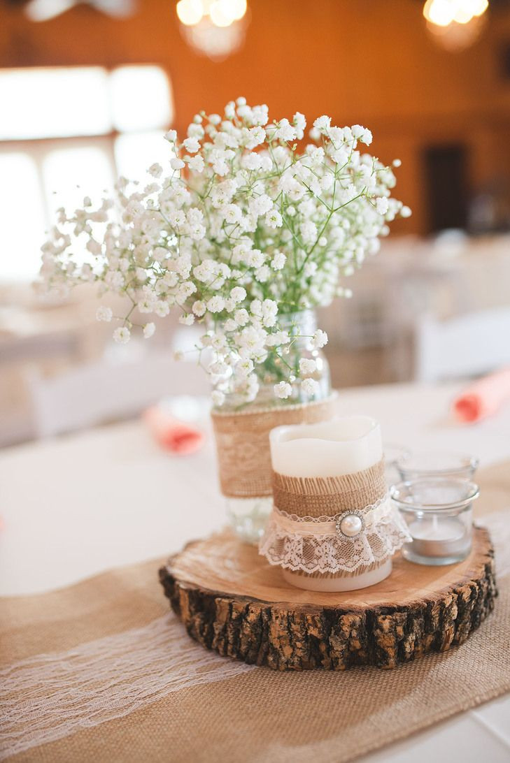 DIY Wood Slab Centerpieces
 Wooden Slab Centerpiece With Burlap and Lace