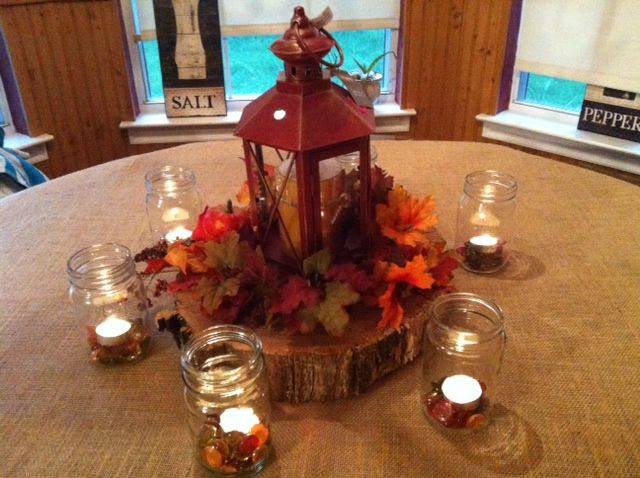 DIY Wood Slab Centerpieces
 Playing around with fall centerpieces Burlap table cloth