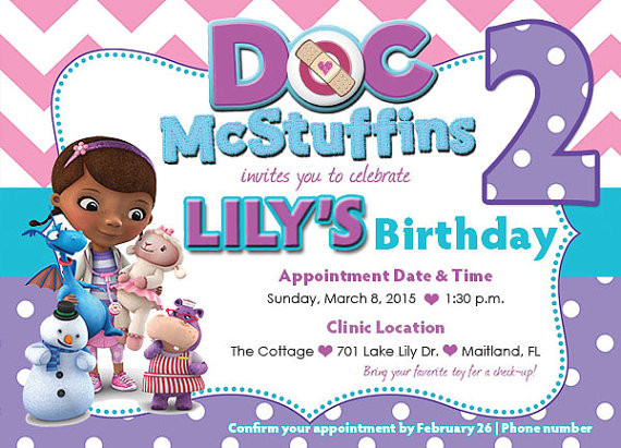 Doc Mcstuffin Birthday Invitations
 Customized Doc McStuffins Birthday Invitation Front and Back
