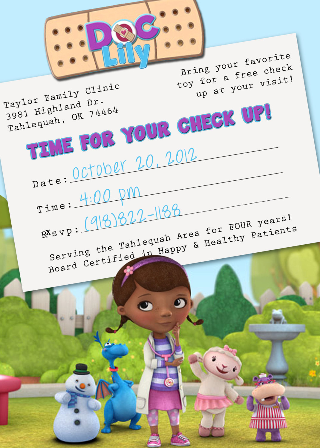 Doc Mcstuffin Birthday Invitations
 Doc McStuffins Appointment Card Birthday Invitation by