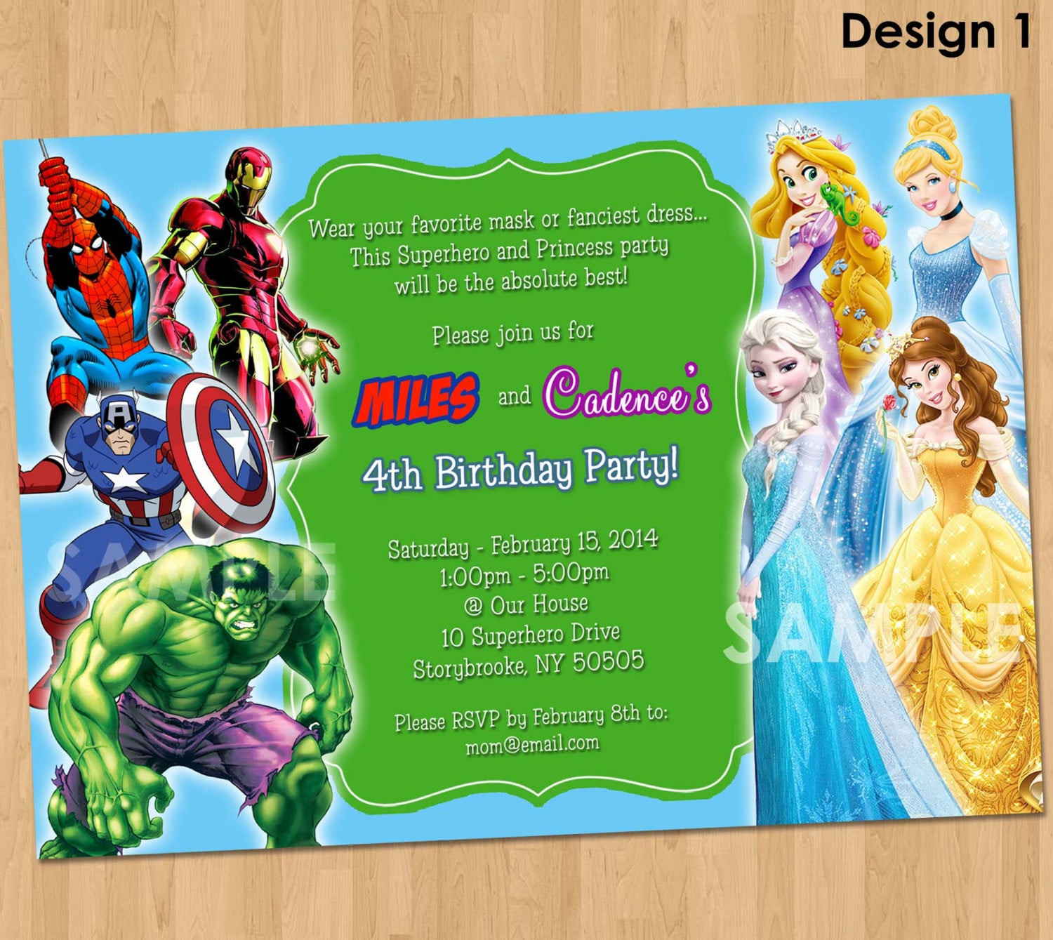 Double Birthday Invitations
 Double Party Invitation Superheroes and Princesses