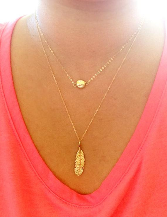 Double Layer Necklace
 Double Layer Necklace Gold Feather Necklace Long necklace