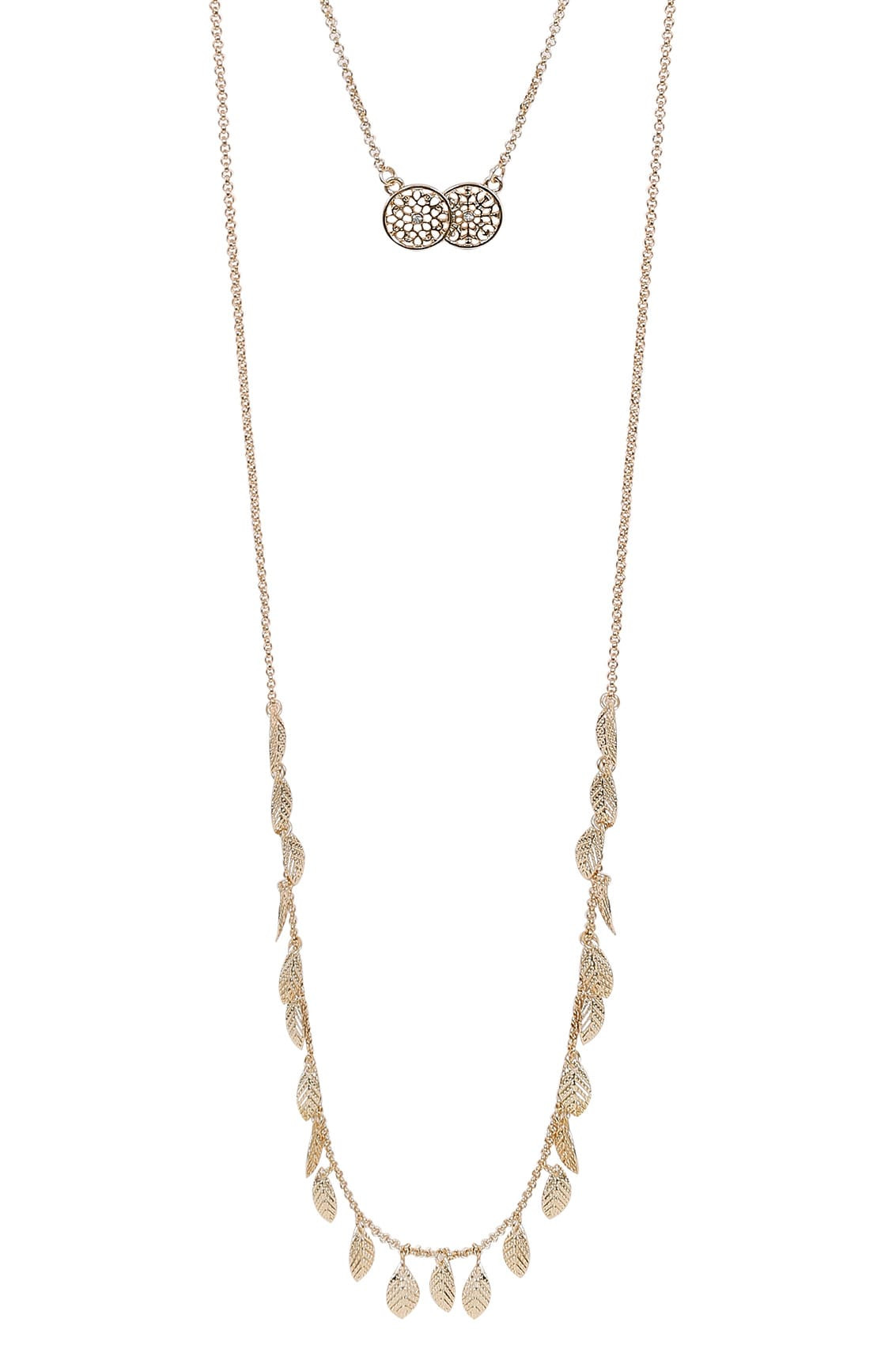 Double Layer Necklace
 Gold Double Layer Leaf & Circle Pendant Long Necklace