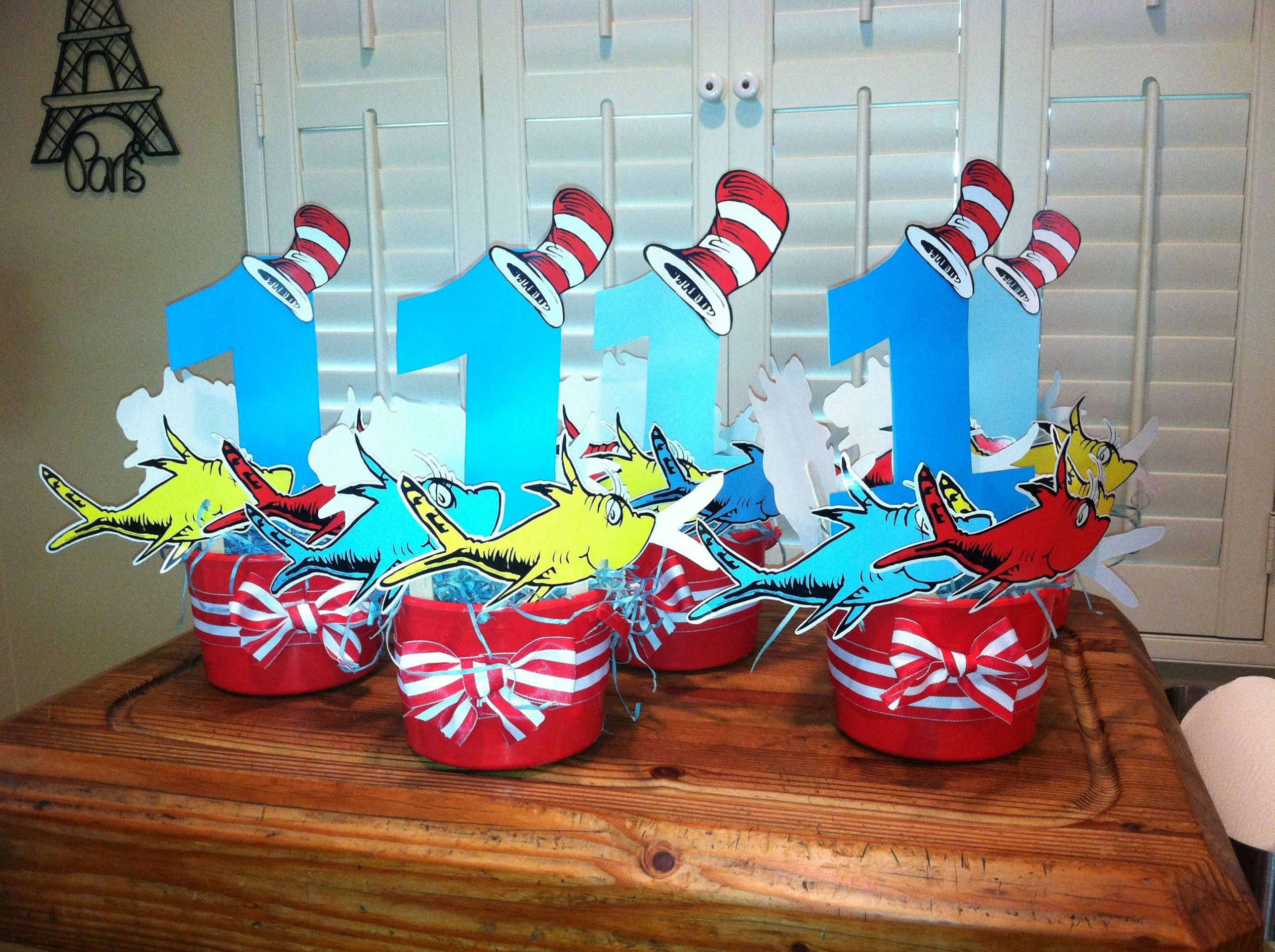 Dr Seuss 1st Birthday Party Decorations
 Dr Seuss themed centerpieces 1 cutouts with fish and