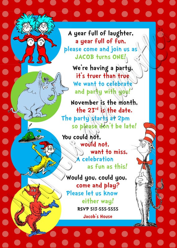 Dr Seuss Birthday Invitation
 Custom Personalized Dr Seuss Inspired 1st by