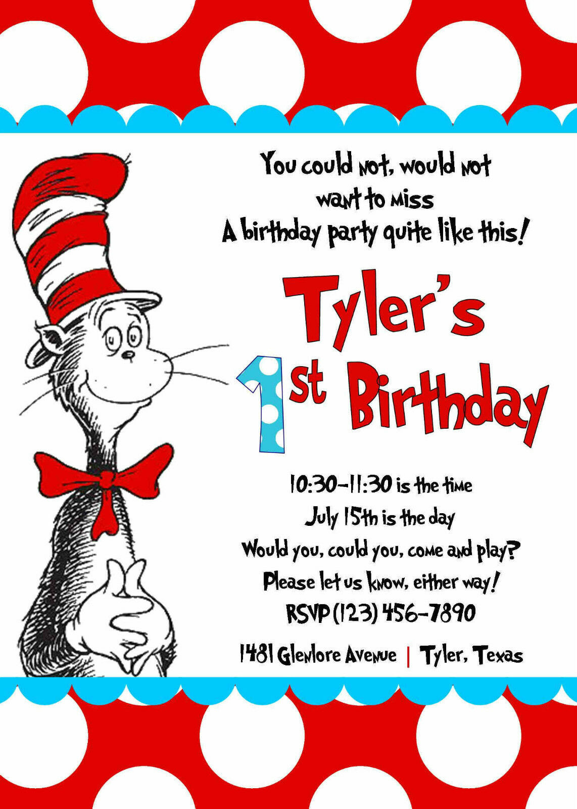 Dr Seuss Birthday Invitation
 Cat in the Hat Invitation printed 5x7 Customized