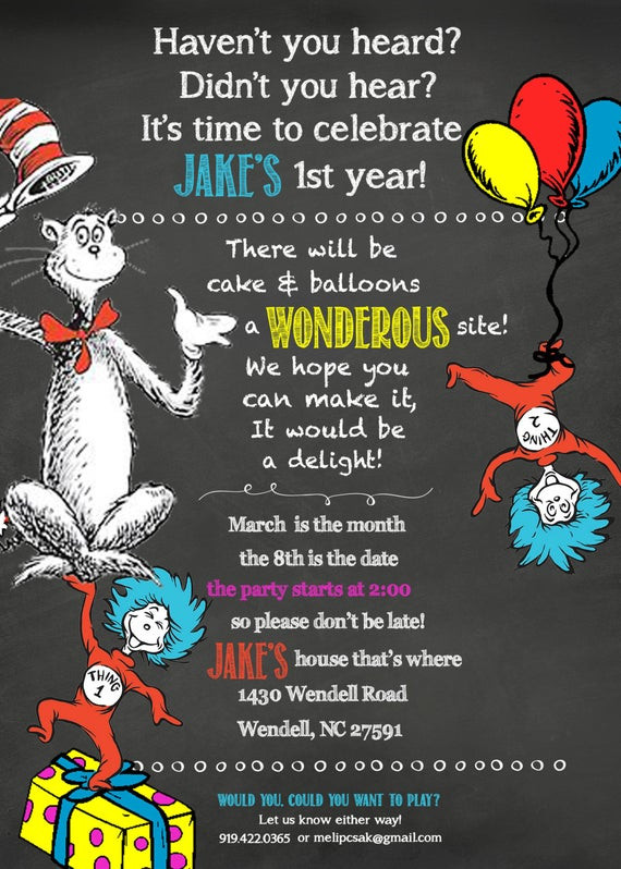 Dr Seuss First Birthday Invitations
 25 5X7 Dr Seuss 1st Birthday Chalkboard by PaperieLaneDesigns