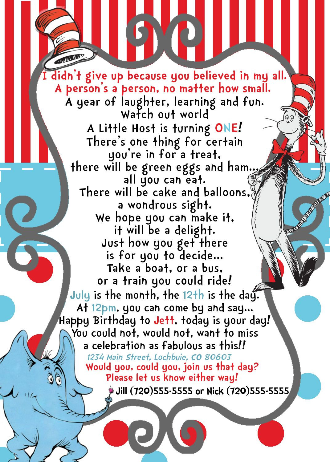 Dr Seuss First Birthday Invitations
 Dr Seuss Horton Birthday Invite Wording good for a