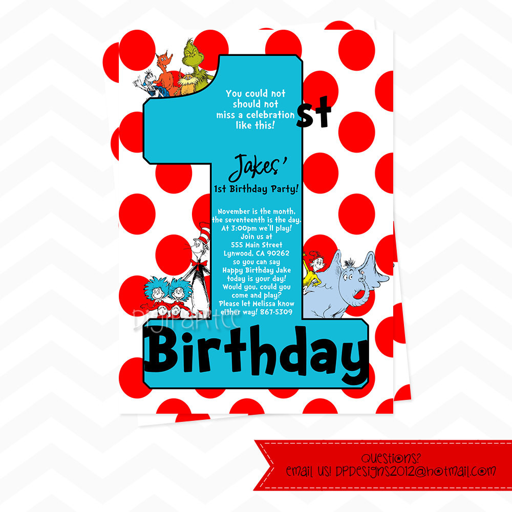 Dr Seuss First Birthday Invitations
 Dr Seuss Invitations For 1st Birthday ly by dpdesigns2012
