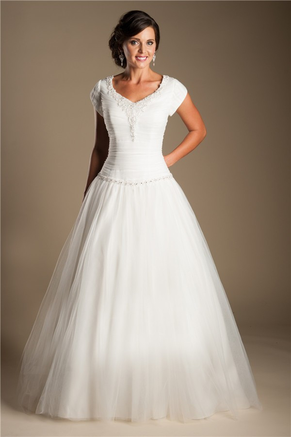Drop Waist Ball Gown Wedding Dress
 Modest Ball Gown Drop Waist Tulle Beaded Wedding Dress