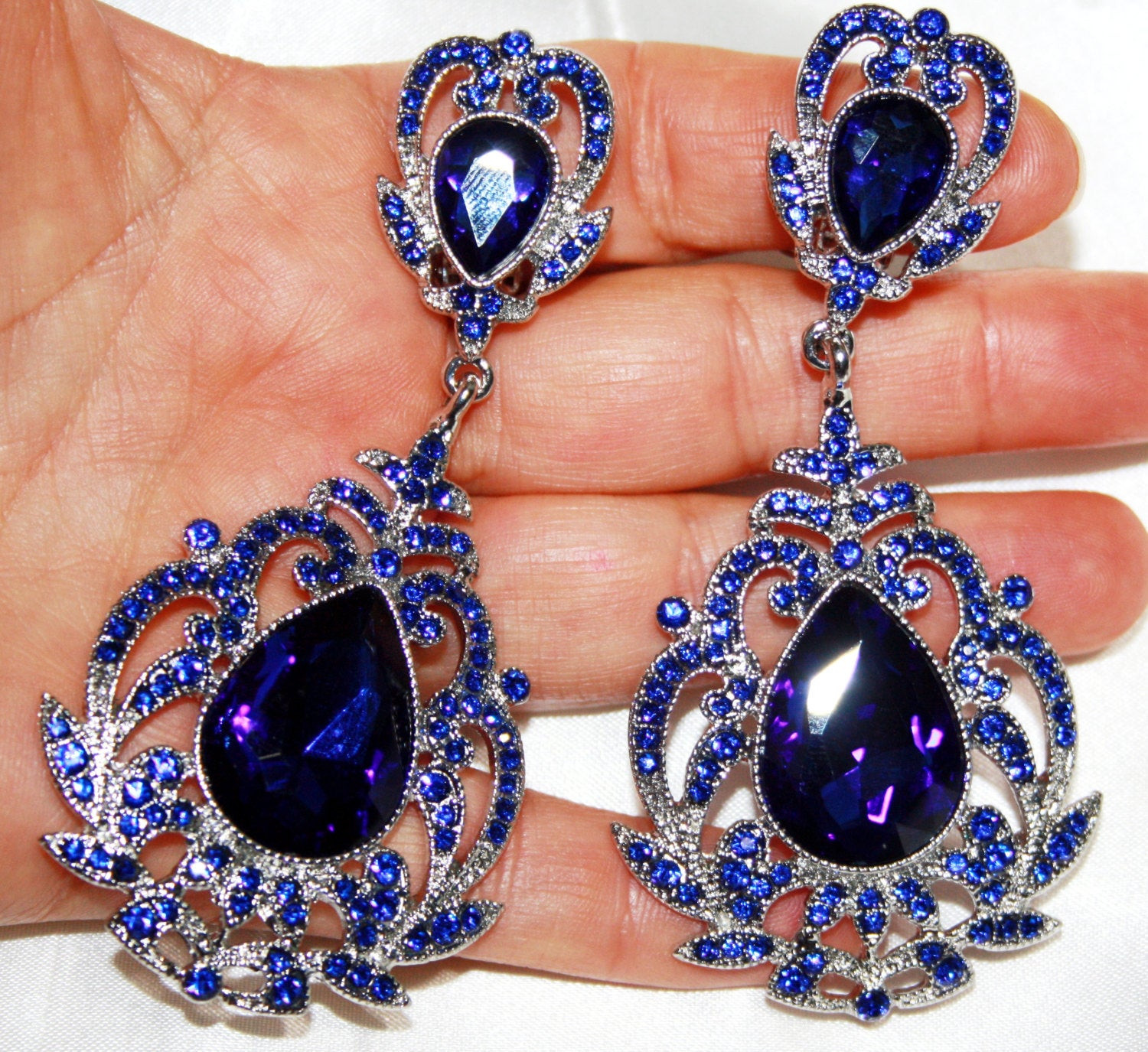 Earrings For Prom
 Blue Rhinestone Clip Chandelier Earrings Bridal Prom