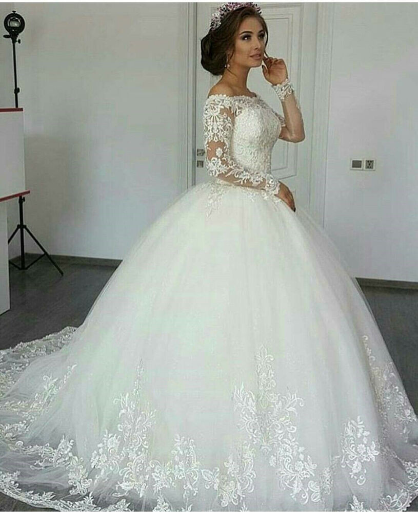 Ebay Wedding Gowns
 White Ivory Long Sleeve Lace Wedding Dresses Princess
